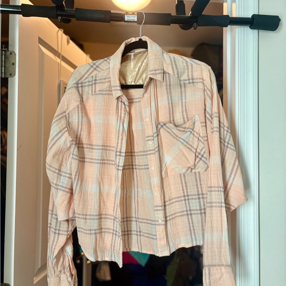 Free People Plaid Button-Up Shirt in Peach and Cream